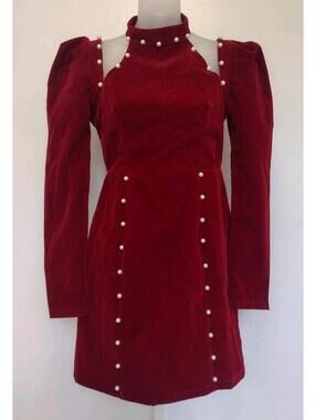 Wine Velvet Pearl Embellished Mini Dress Korean M XS‑S Victorian Inspired